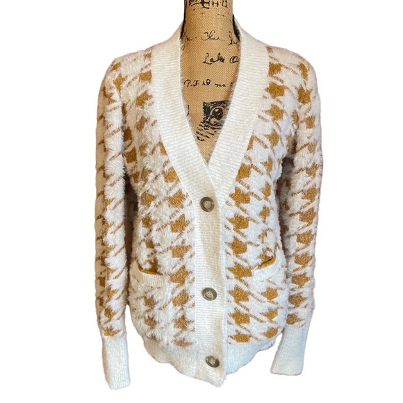 Mystree Mustard & Cream Houndstooth Cardigan Size Large - Picture 1 of 7